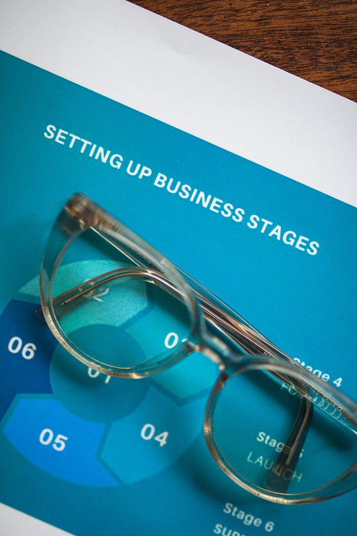 services-04 Eyeglasses resting on a business stages setup document in a creative layout.